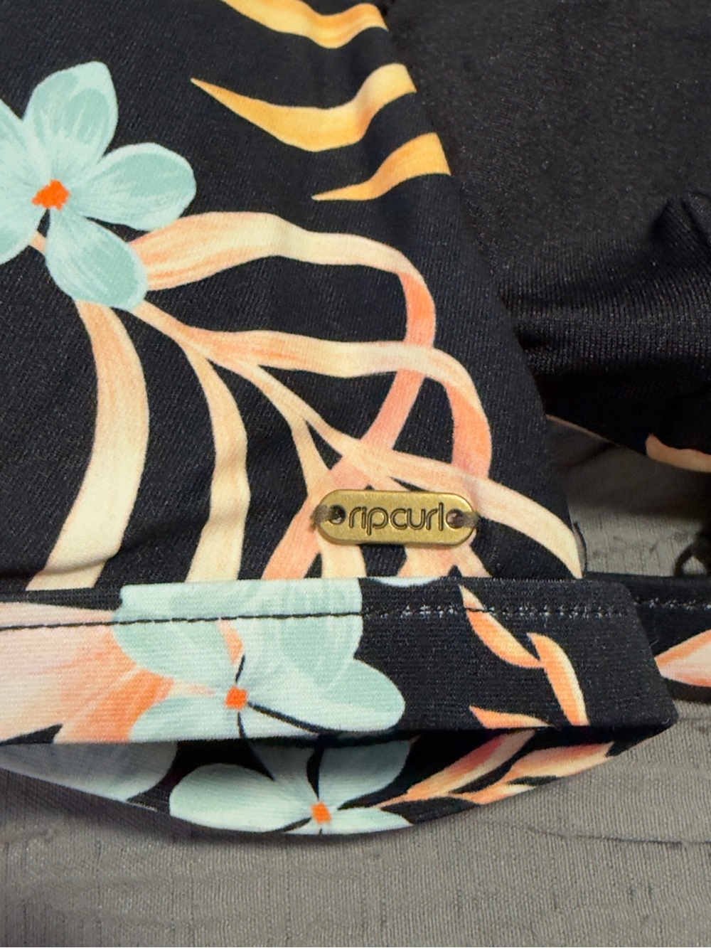 Black Floral Triangle Bikini Top with Aqua Accents - Picture 3 of 3